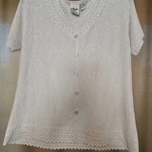 Studio White Eyelet & Jacquard Short Sleeve Button-Front Top